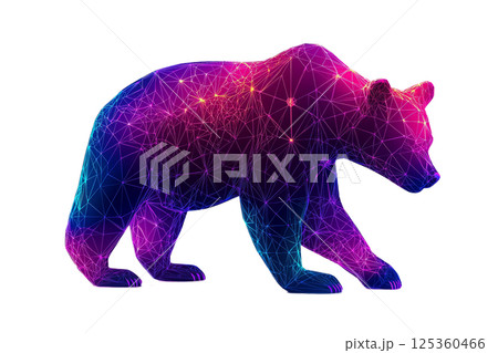 Bear with glowing purple grid patterns wrapping its limbs, low poly on a white background. 125360466