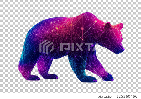 Bear with glowing purple grid patterns wrapping its limbs, low poly on a white background. 125360466