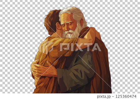 The Prodigal Son returning home, embracing his father, white background. 125360474