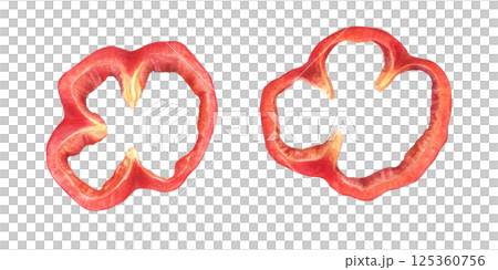 Red bell pepper rings set watercolor illustration isolated background. Paprika or Bulgarian pepper chopped pieces. Garden vegetable ingredient for packaging, recipe blogs, menu, organic food art Red bell pepper rings set watercolor illustration isolated background. Paprika or Bulgarian pepper chopped pieces. Garden vegetable ingredient for packaging, recipe blogs, menu, organic food art 125360756