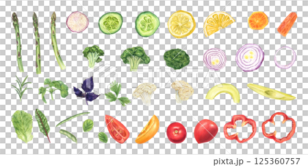 Watercolor set of assorted vegetable slices isolated background. Cucumber, red onion, carrot, bell pepper, tomato, asparagus, lemon, broccoli, cauliflower, avocado, and leaves clip art illustration Watercolor set of assorted vegetable slices isolated background. Cucumber, red onion, carrot, bell pepper, tomato, asparagus, lemon, broccoli, cauliflower, avocado, and leaves clip art illustration 125360757