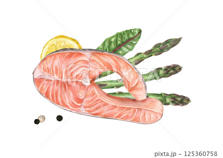 Steamed salmon steak with lemon slice, asparagus and greenery watercolor food illustration isolated background. Healthy protein diet with trout fish and green vegetables. Top view. For menu, recipes. 125360758