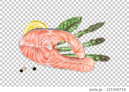 Steamed salmon steak with lemon slice, asparagus and greenery watercolor food illustration isolated background. Healthy protein diet with trout fish and green vegetables. Top view. For menu, recipes. 125360758
