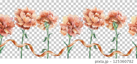 Red carnations and ribbon. Horizontal seamless border. Hand drawn watercolor illustration isolated. For greeting cards for mothers day, birthday, memorial, victory, independence, invitations, posters. 125360782