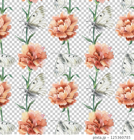 Red carnations and butterflies seamless pattern. Hand drawn watercolor illustration isolated. For greeting cards for mothers day, birthday, wrapping paper, wallpaper, textile, fabric, napkins, covers. 125360785