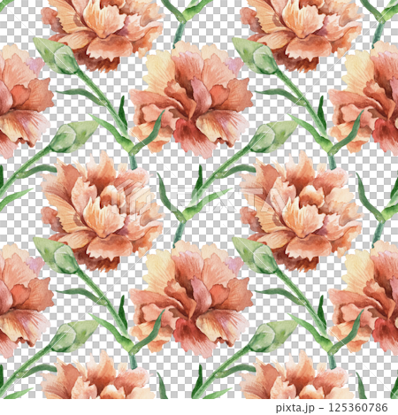 Red carnations seamless pattern. Flowers and buds. Hand drawn watercolor illustration isolated. Greeting cards for mothers day, birthday, wrapping paper, wallpaper, textile, fabric, napkins, covers. 125360786