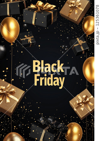 ブラックフライデー セール イメージ｜黒と金のバルーン 125361078
