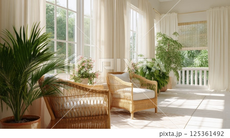 Linen curtains flutter as sunlight floods a serene veranda adorned with lush plants and rattan seating. 125361492
