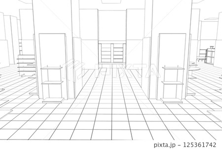 shopping mall, contour visualization, 3D illustration, sketch, outline 125361742