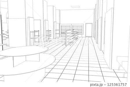 shopping mall, contour visualization, 3D illustration, sketch, outline 125361757