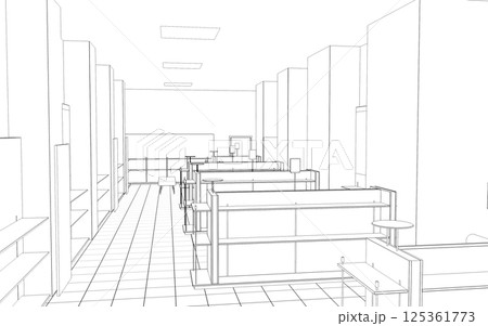 shopping mall, contour visualization, 3D illustration, sketch, outline 125361773