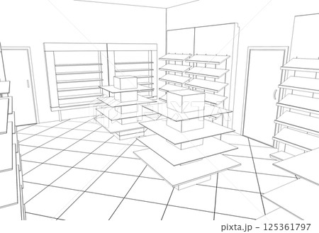 shopping mall, contour visualization, 3D illustration, sketch, outline 125361797