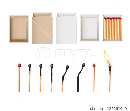 Matchbox, empty package for match sticks in top and perspective view. Realistic mockup of 3d blank box. Stages of burning the match. Symbol of ignition burning. Vector Matchbox, empty package for match sticks in top and perspective view. Realistic mockup of 3d blank box. Stages of burning the match. Symbol of ignition burning. Vector 125361940
