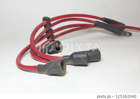 spark plug wires, red, high tension wires combined with rubber plug heat boots 125362040