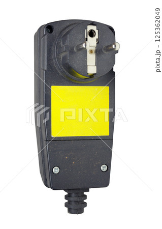 Power plug assembly with ground fault circuit interrupter. replacement part for concrete vibrator. isolated on white background 125362049