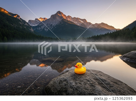 Yellow rubber duck on a rock overlooking a calm misty mountain lake 125362093