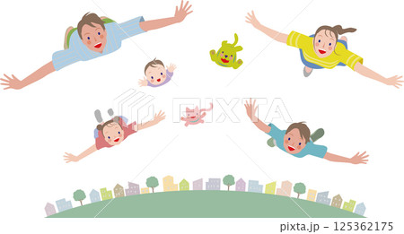 笑顔の親子、家族。街並みの上空を飛行する。 125362175