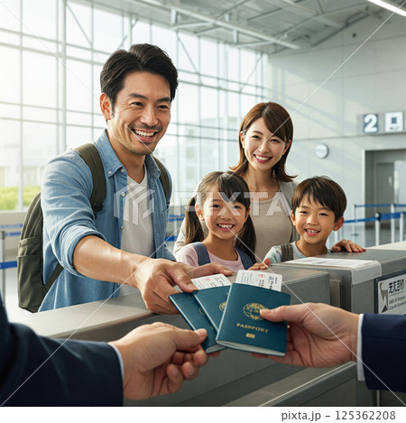 カウンターでパスポートを受け取る男性とその家族 125362208