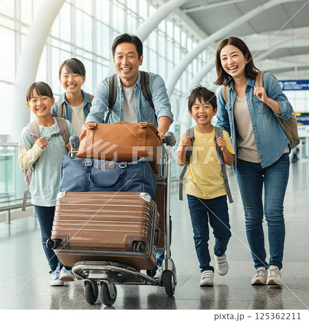 出発ロビーで出発を待つ家族 125362211