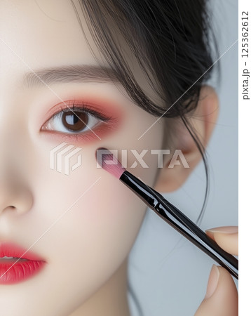 Woman is applying makeup to her face 125362612