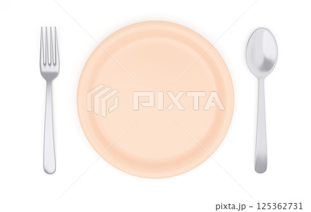 3Dイラスト_皿とカトラリー_オレンジ 125362731