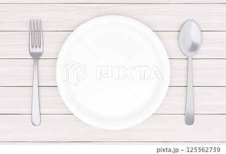 3Dイラスト_皿とカトラリー_木のテーブル_白 125362739