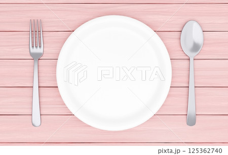 3Dイラスト_皿とカトラリー_木のテーブル_ピンク 125362740