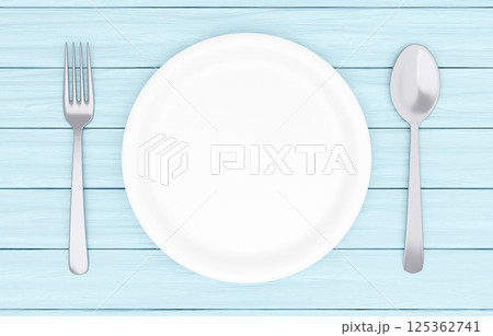 3Dイラスト_皿とカトラリー_木のテーブル_水色 125362741