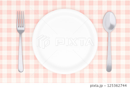 3Dイラスト_皿とカトラリー_ランチョンマット_ピンク 125362744