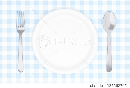 3Dイラスト_皿とカトラリー_ランチョンマット_水色 125362745