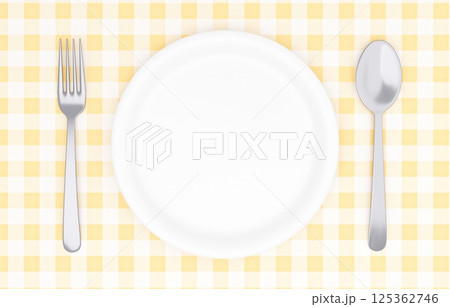 3Dイラスト_皿とカトラリー_ランチョンマット_黄色 125362746