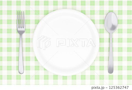 3Dイラスト_皿とカトラリー_ランチョンマット_黄緑 125362747