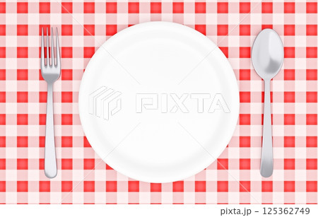 3Dイラスト_皿とカトラリー_ランチョンマット_赤 3Dイラスト_皿とカトラリー_ランチョンマット_赤 125362749
