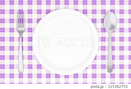 3Dイラスト_皿とカトラリー_ランチョンマット_紫 125362753