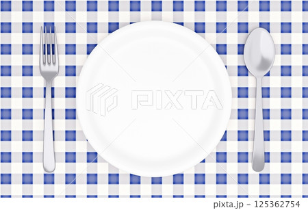 3Dイラスト_皿とカトラリー_ランチョンマット_紺 125362754