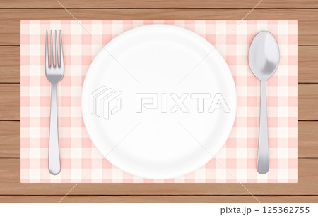 3Dイラスト_皿とカトラリー_ランチョンマット_ピンク 125362755