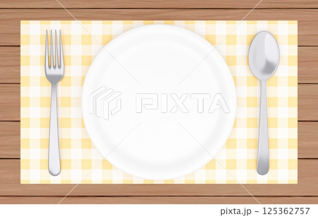 3Dイラスト_皿とカトラリー_ランチョンマット_黄色 125362757
