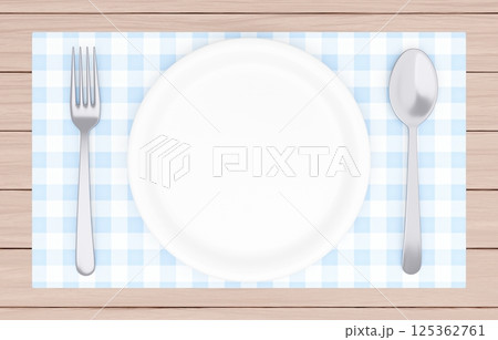 3Dイラスト_皿とカトラリー_ランチョンマット_水色 125362761