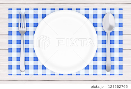 3Dイラスト_皿とカトラリー_ランチョンマット_青 125362766