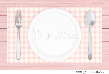 3Dイラスト_皿とカトラリー_ランチョンマット_ピンク 125362770