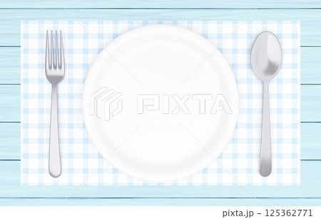 3Dイラスト_皿とカトラリー_ランチョンマット_水色 125362771