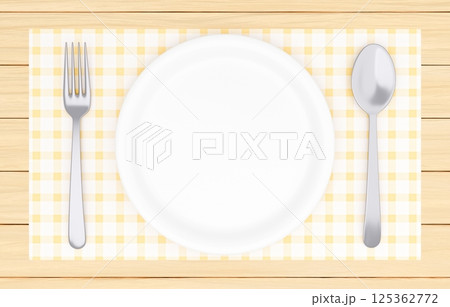 3Dイラスト_皿とカトラリー_ランチョンマット_黄色 125362772