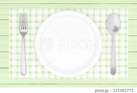3Dイラスト_皿とカトラリー_ランチョンマット_黄緑 125362773
