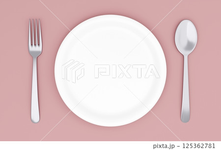 3Dイラスト_皿とカトラリー_赤 125362781