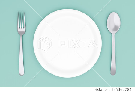 3Dイラスト_皿とカトラリー_水色 125362784