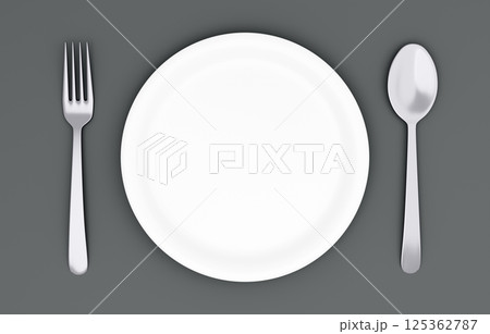 3Dイラスト_皿とカトラリー_黒 3Dイラスト_皿とカトラリー_黒 125362787
