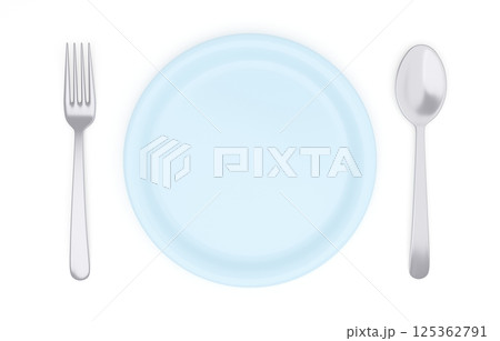 3Dイラスト_皿とカトラリー_水色 125362791