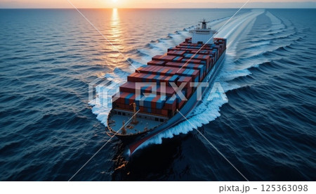 Aerial View of Large Container Cargo Ship Sailing in the Ocean 125363098