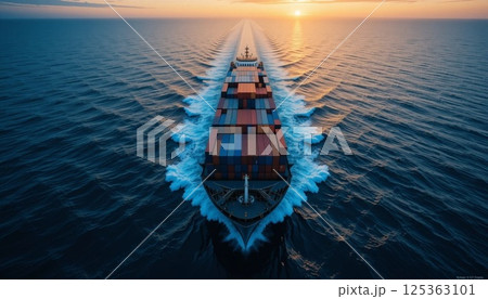 Aerial View of Large Container Cargo Ship Sailing in the Ocean 125363101