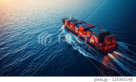Aerial View of Large Container Cargo Ship Sailing in the Ocean Aerial View of Large Container Cargo Ship Sailing in the Ocean 125363148